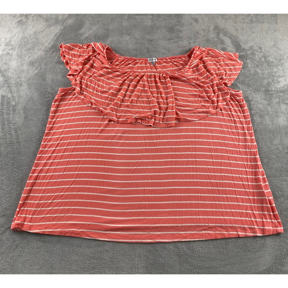 Avenue Womens 26/28 Coral White‎ Striped Ruffle Off Shoulder Ribbed Knit Top